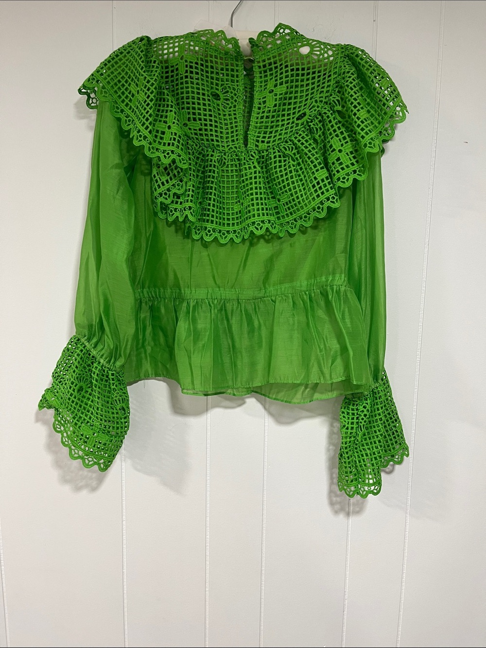 Lace-Yoke Sheer Green Peasant Blouse